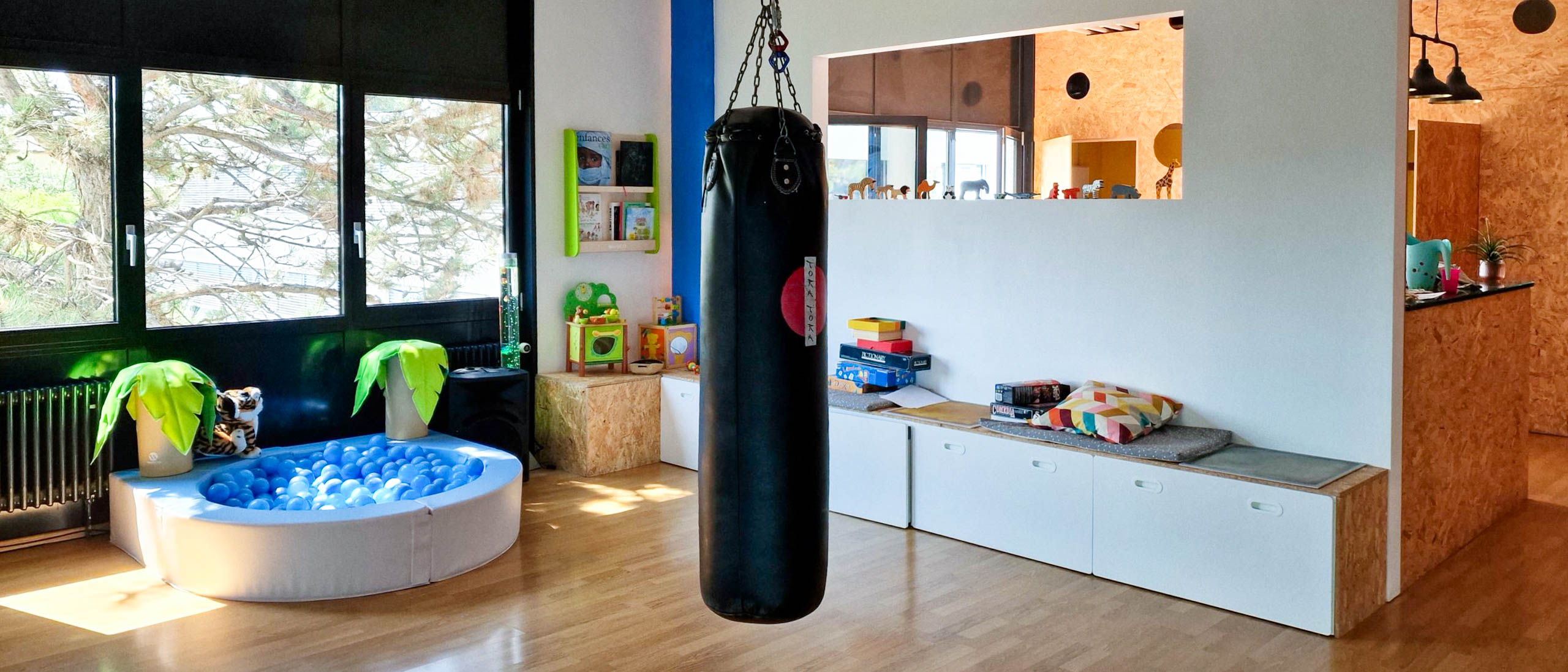 Photo de l'Espace Makhuwas à Yverdon-les-Bains, l'espace d'entraînement où il est possible d'accrocher un sac de sport ainsi qu'un arnais pour faire du bungee jumping. Des jeux pour enfant ainsi qu'une piscine à boule sont également là pour être utilisés lors des ateliers thérapeutiques.